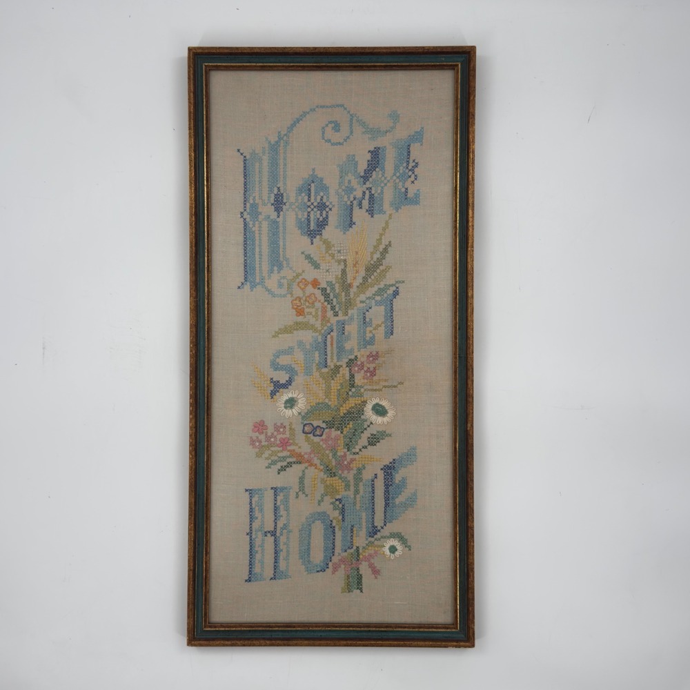 Vintage Home Sweet Home Hand Embroidered Sampler Floral Needlework
